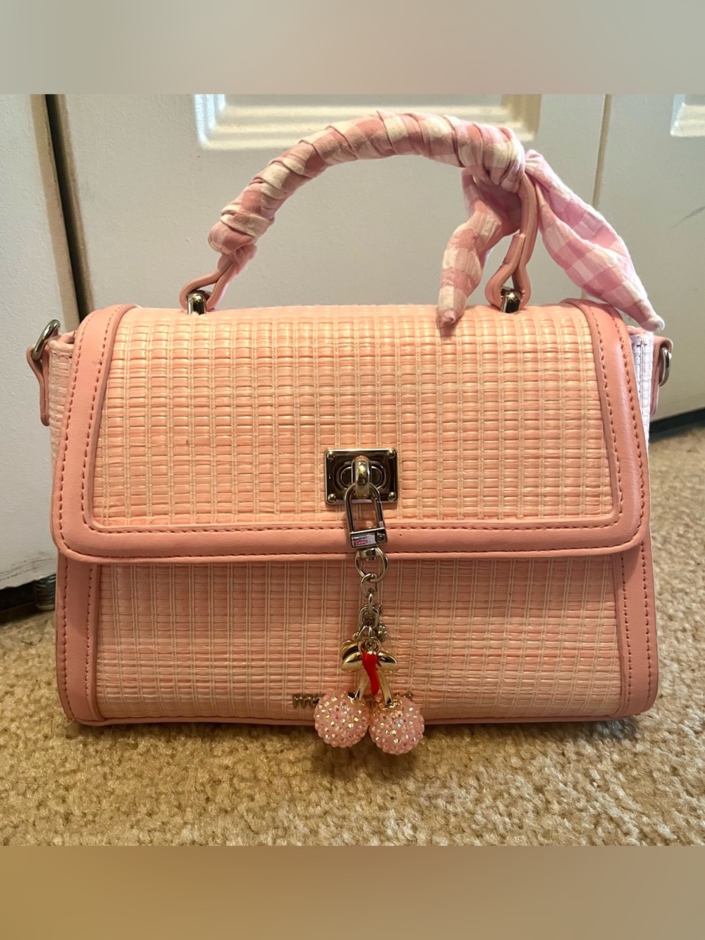 Madden Girl pink white top handle purse cherry charm BNWOT
